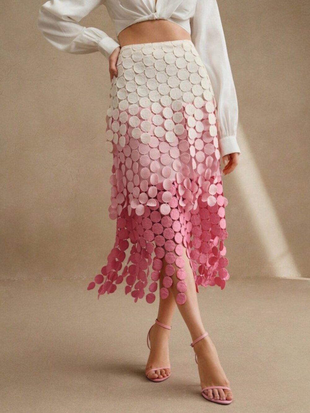 Pink Tiered Ombre Circle Cutouts Fringe Midi Skirt